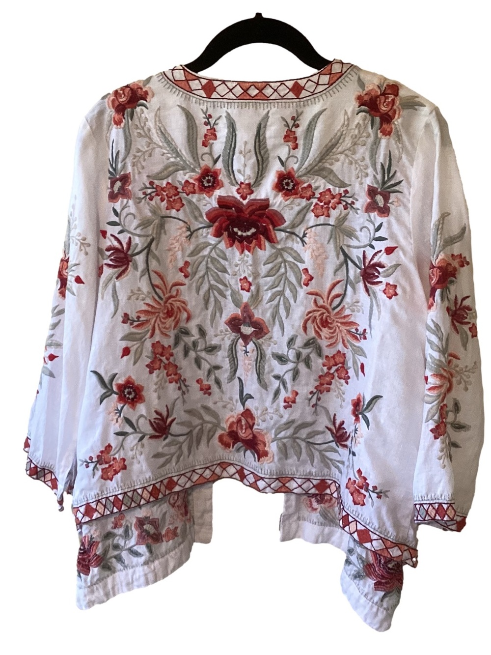 Johnny Was 100% Linen Floral Embroidered Kimono Cardigan S Boho Hi-Low waterfall - Picture 2 of 9